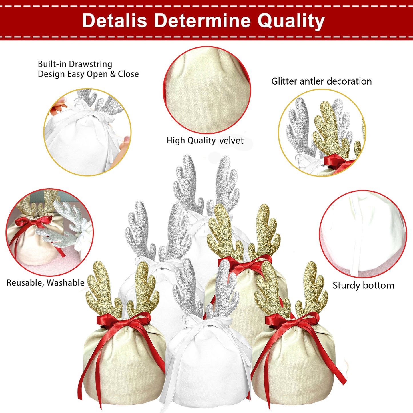 5PCS Christmas Antler Gift Bags